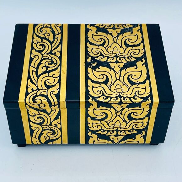 Vintage Decorative Lacquered Jewelry Trinket Music Box Gold Painted Design - Picture 1 of 12